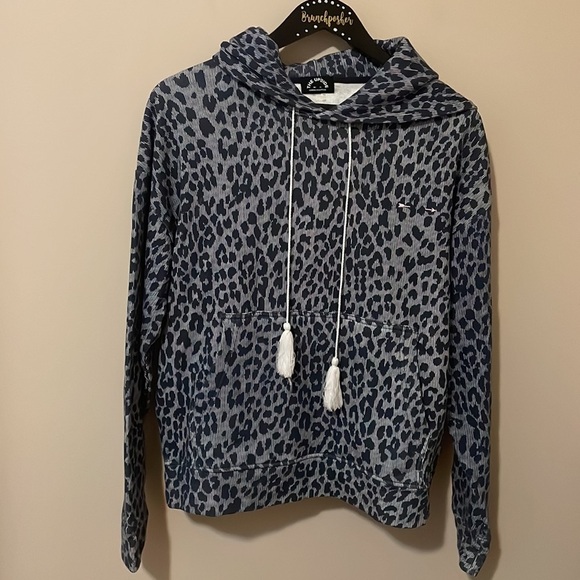 The Upside Blue Leopard Print Mock Neck Drawstring Hoodie Sweatshirt - Picture 3 of 10